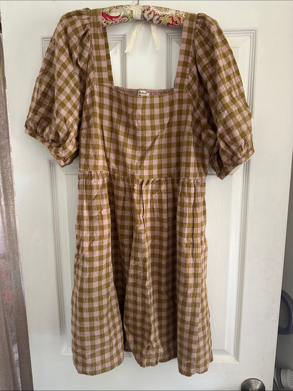 NWOT Madewell women's pink/green puff sleeve gingham babydoll dress size L